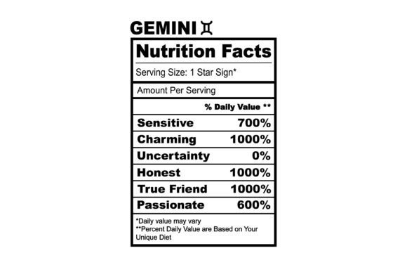 Gemini Zodiac Nutrition Facts SVG Graphics for Crafts